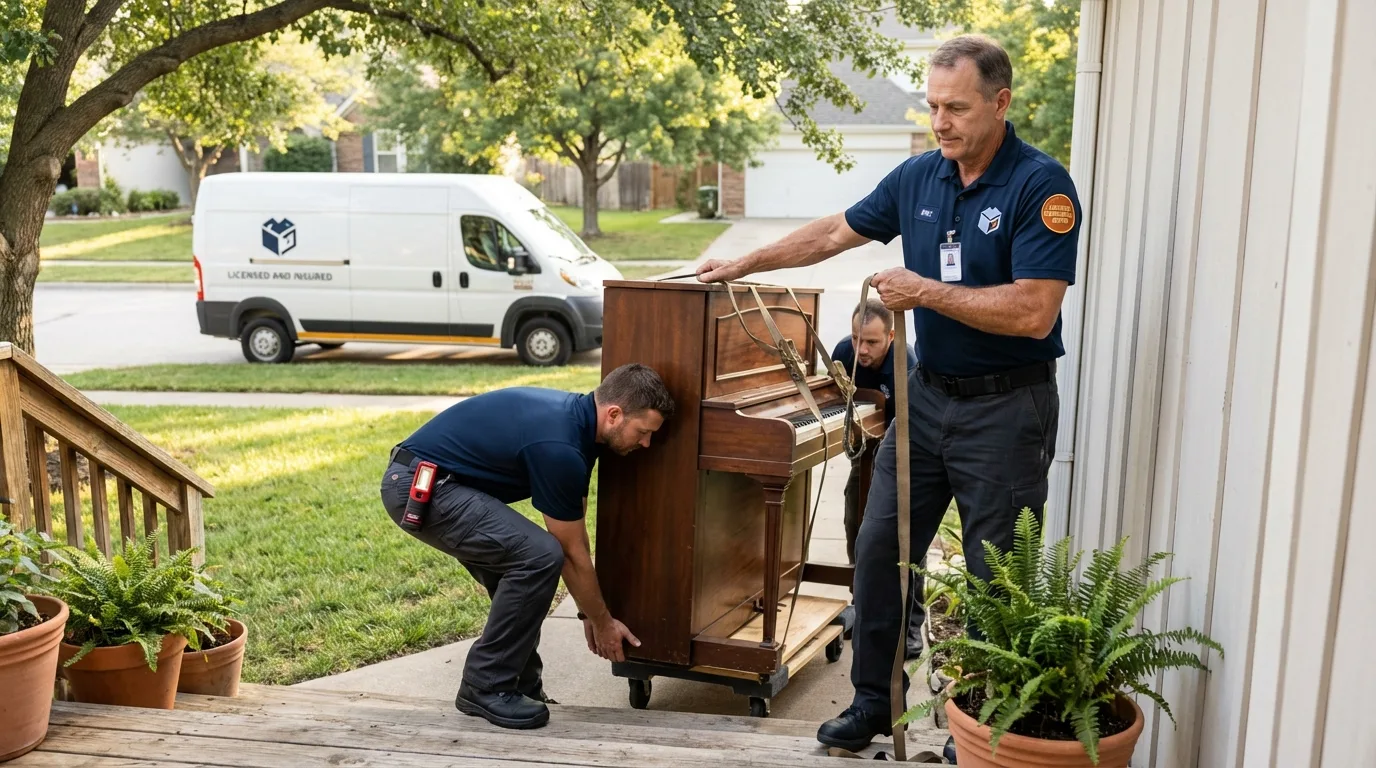 Licensed piano movers securing grand piano in Jackson, WI