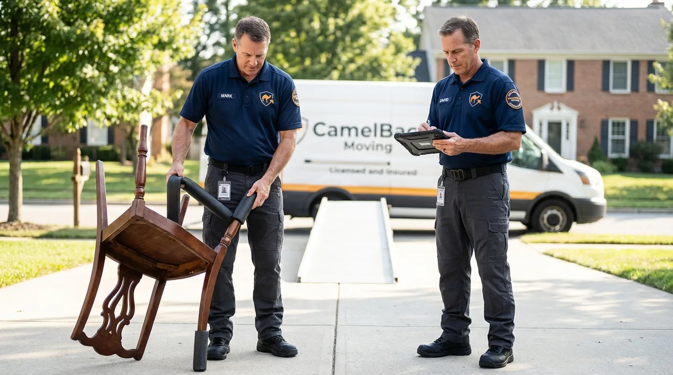 Movers inspecting furniture for damage prevention before loading in Jackson, WI