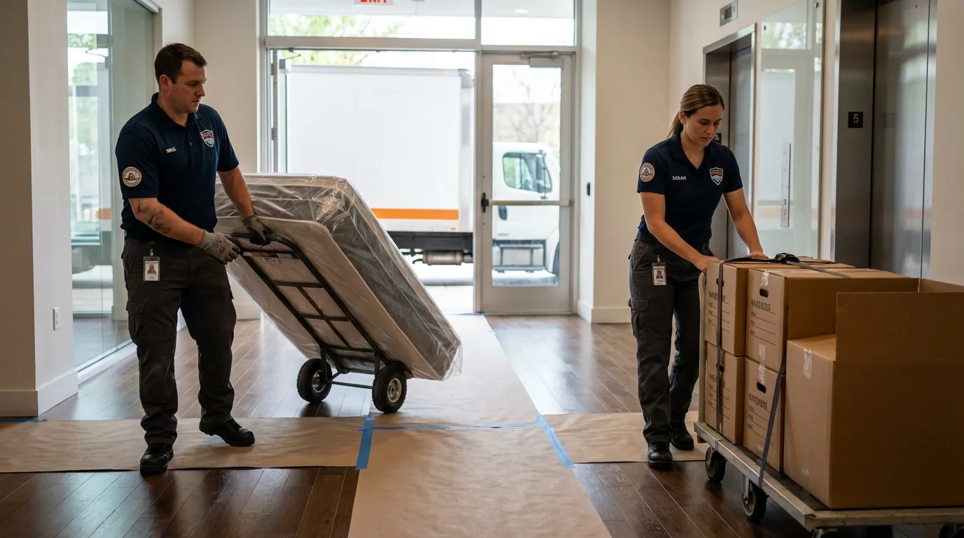 Professional apartment movers loading elevator in Jackson, WI